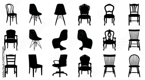 Set of eighteen diverse chair silhouettes featuring vintage wooden styles, modern minimalist designs and office furniture on white, concept for interior design, furniture retail and decor