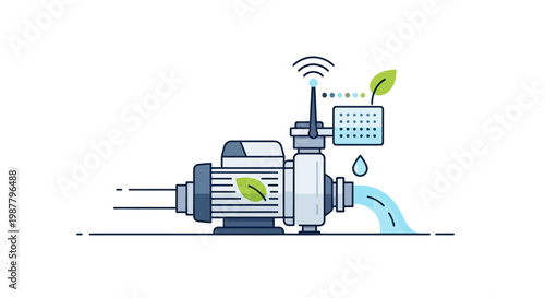 Smart water pump with wifi connection, leaf icons and water drop