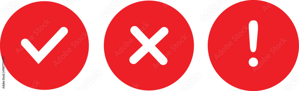 Obraz premium Validation status icons set with check mark cross and exclamation symbols red circle buttons approval error warning UI vector isolated on transparent background.