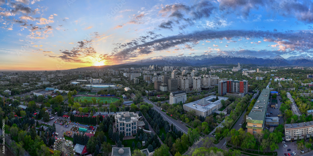 Fototapeta premium A quadcopter view of Almaty, Kazakhstan, on a spring morning.