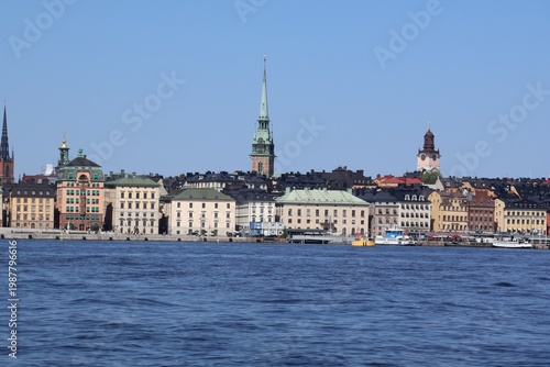 Stockholm skyline, focusing on the historic Gamla Stan (Old Town) district as viewed from the water
