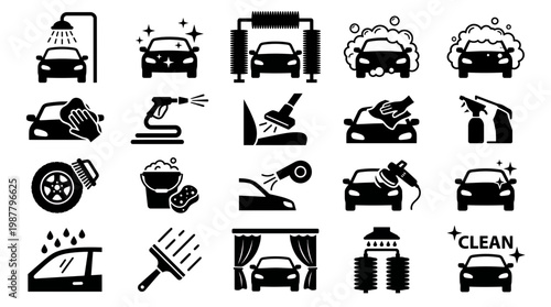 Collection of black and white car wash icons depicting professional vehicle detailing equipment and auto maintenance tools, concept for service branding, station signage and carwash advertising