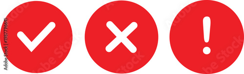 Validation status icons set with check mark cross and exclamation symbols red circle buttons approval error warning UI vector isolated on transparent background.