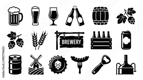 Collection of black brewery icons featuring beer mugs bottles barrels hops wheat and production equipment isolated on white background, concept for pub branding menu design and craft beer promotion