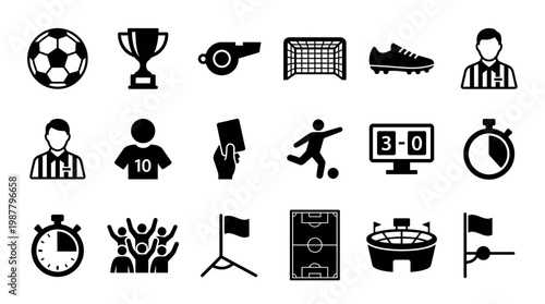 Professional soccer and football sport solid icons featuring ball, trophy, whistle, stadium and referee equipment, concept for athletic tournament, mobile app interface and promotional design
