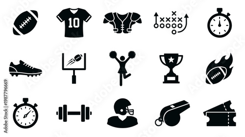 Set of black American football vector icons featuring ball jersey helmet trophy cheerleader whistle and stopwatch on white, concept for sports tournament, game app and stats interface