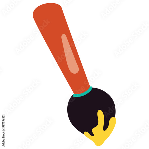 A vibrant illustration of a paint brush with a red handle and black bristles dipping into a blob of yellow paint.