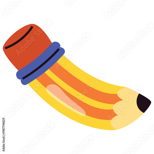 A cartoon illustration of a yellow pencil with orange stripes, a red eraser, and a blue band.
