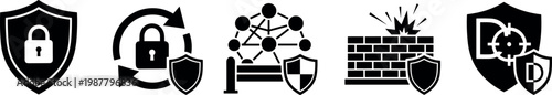 Cybersecurity protection icon set featuring shield lock network defense firewall and system security symbols in minimal solid style