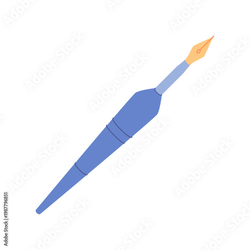 Flat fountain pen ink doodle icon. Simple painter tool with blue stationery pen body and white accent as creative art object. Minimal artist nib for draw or doodle, classic school supply on white