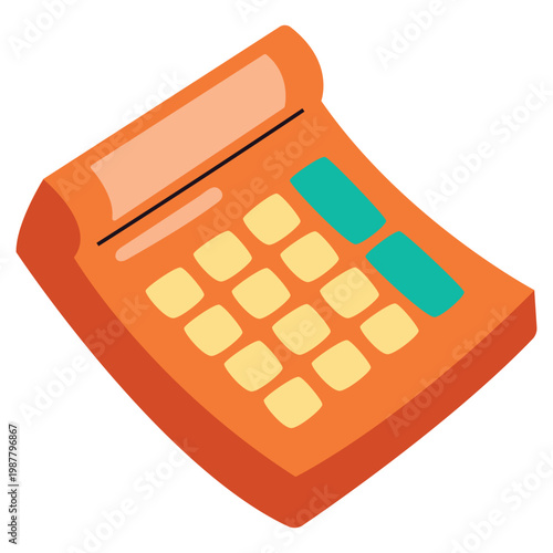 A simple, orange, isometric calculator illustration with yellow and teal buttons.