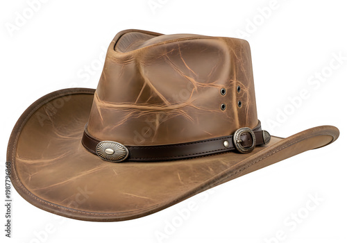 Classic brown cowboy hat with decorative silver accents and a wide brim