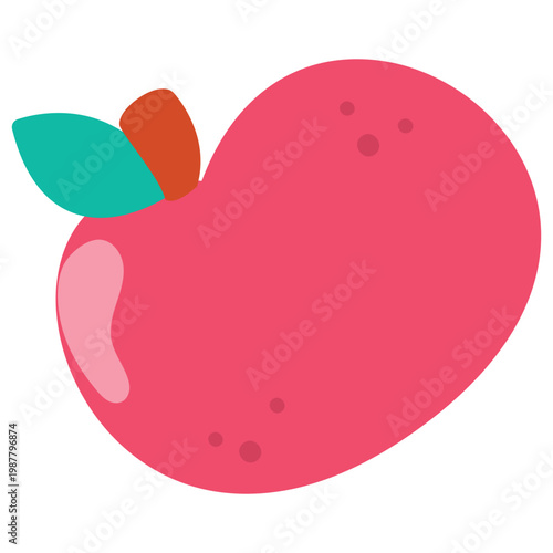 A simple, stylized illustration of a vibrant pink apple with a brown stem and two green leaves, set against a clean white background.