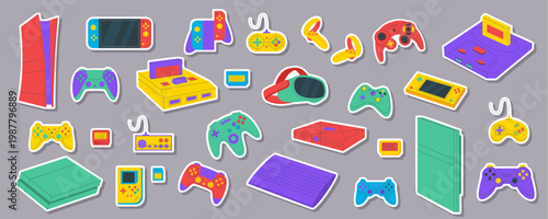 Retro cartoon console and controller sticker collection in flat style. Gamepad, joystick, and video game gadget art as playful game element with colorful tone vintage inspiration for fun