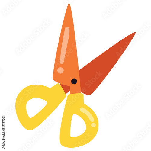 A cartoon illustration of a pair of open scissors with yellow handles and orange blades, depicted on a white background.