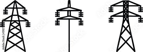Minimalist High-Voltage Power Line and Electricity Pylon Icon Set, Modern Energy Infrastructure and Utility Distribution Vector Graphics, vector, illustration, silhouette.