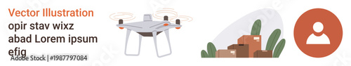 Logistics, quadcopter delivery, technology, ecommerce, shipping, user interface. Quadcopter flying, stacked packages and person icon. Logistics and drone delivery concepts simply