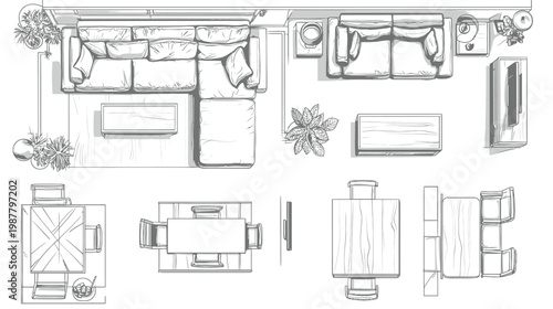 Topdown view of a modern living room and dining area floor plan sketch.