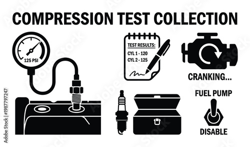 Car engine compression test collection icons set for diagnostic and repair services