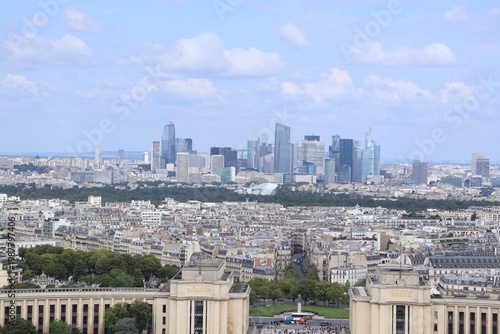 Panoramic view of the Paris skyline as seen from the Eiffel Tower, looking toward the modern district of La Défense
