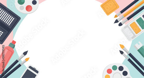 An artistic background featuring flat-style drawing tools, paintbrushes, and palettes framed around a circular white area on a pastel backdrop.