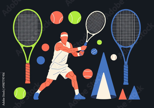 Male Tennis Player in Backhand Action Flat Vector Illustration with Rackets and Colorful Abstract Shapes