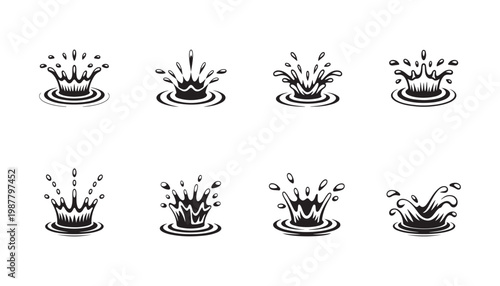 Collection of water splash icons in black and white