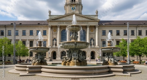 Beautiful Fountain and Historic Building in Munich, Germany.