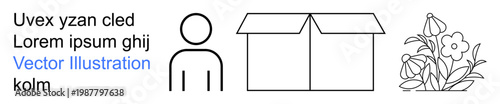 Packaging, logistics, nature, human interaction, design, organization. Line art of a person, open box and flowers. Packaging and logistics ideas conveyed through clean symbols
