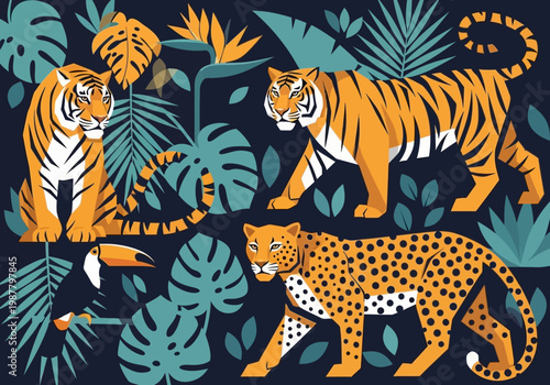 Modern Tropical Jungle Illustration with Tigers, Leopard, and Toucan. Vibrant Flat Vector Art featuring Exotic Wild Animals and Rainforest Foliage.