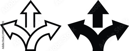 Directional arrow icons set with three way navigation paths decision concept branching arrows UI symbols minimal vector isolated on transparent background.