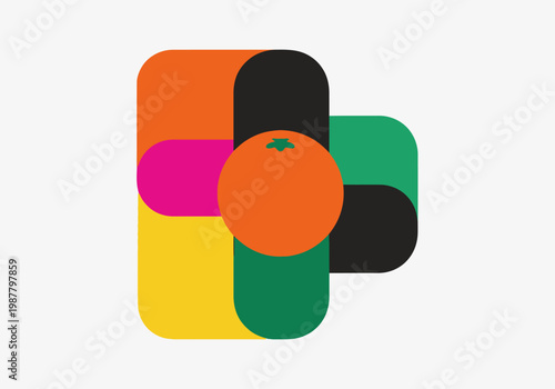 Modern Geometric Logo of an Orange Fruit within a Colorful Plus Symbol, Minimalist Healthy Food and Nutrition Icon