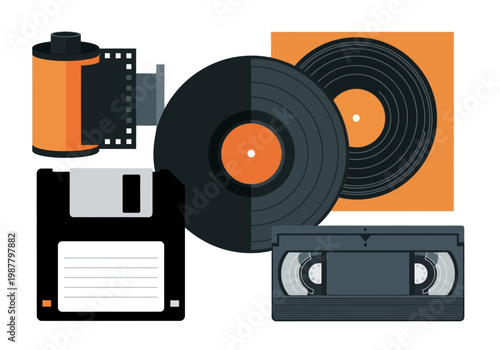 Retro Analog Media Collection Flat Vector Illustration featuring Vinyl Record, VHS Cassette, Floppy Disk, and 35mm Camera Film. Nostalgic Vintage Technology Icons.