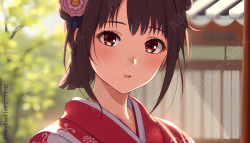 Beautiful anime girl in traditional Japanese kimono, natural sunlight on skin, hyper-realistic shading, serene expression, delicate details in eyes and fabric texture