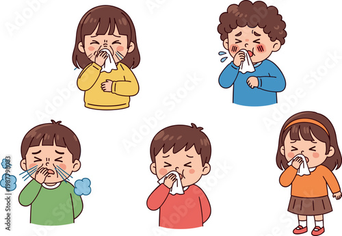 Illustrations of Children Sneezing and Feeling Sick, Depicting Various Symptoms for Health and Wellness Projects