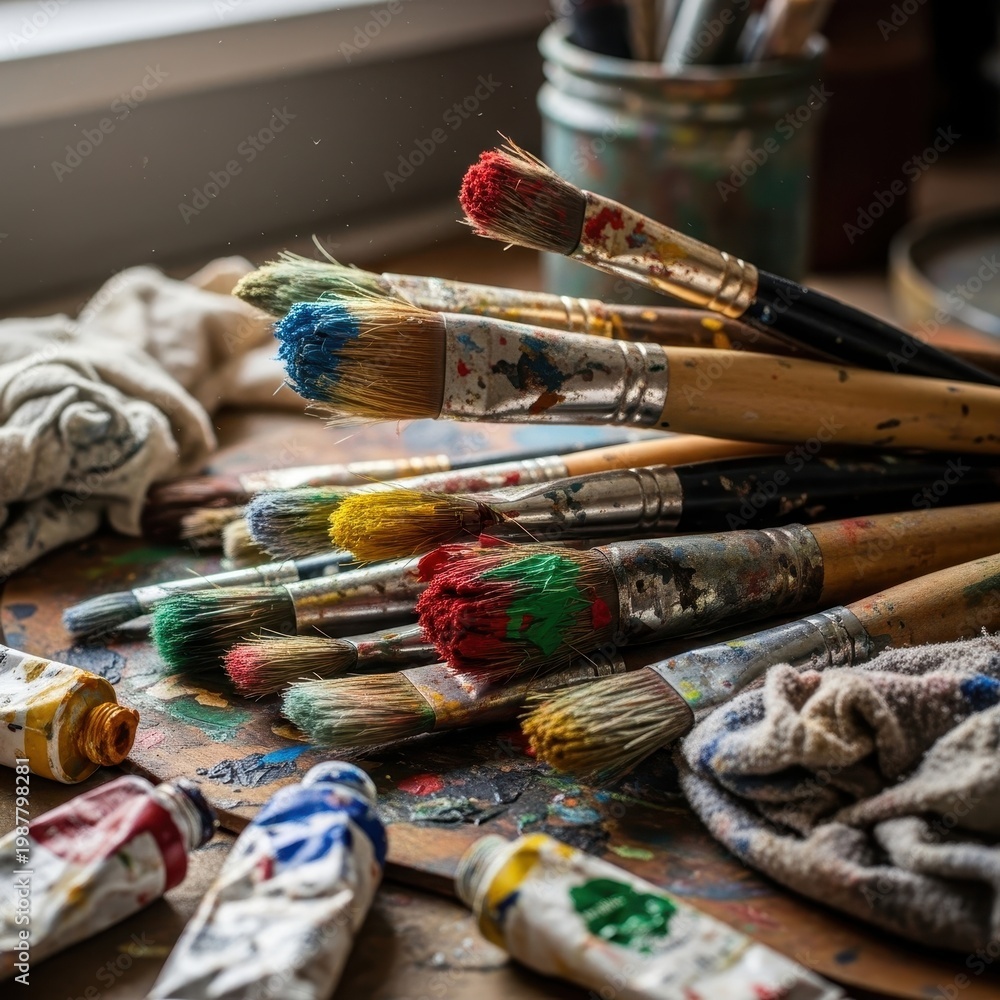 Obraz premium Artistic Paintbrushes and Paint Tubes on a Wooden Table.