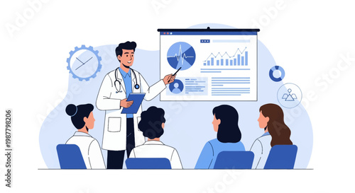 Vector illustration of a male doctor in a white lab coat using a pointer to explain medical data, charts, and heart rate graphs on a screen to a group of seated professionals.