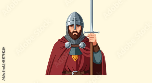 Vector illustration of a bearded medieval warrior wearing a nasal helmet, chainmail coif, and a red cloak with silver brooches, holding a straight longsword vertically on a plain light background.
