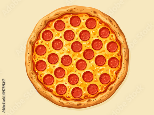 A freshly baked, mouthwatering pepperoni pizza is presented from a top-down perspective, showcasing its perfectly golden brown, thick crust and an abundance of savory meat slices above melted cheeses