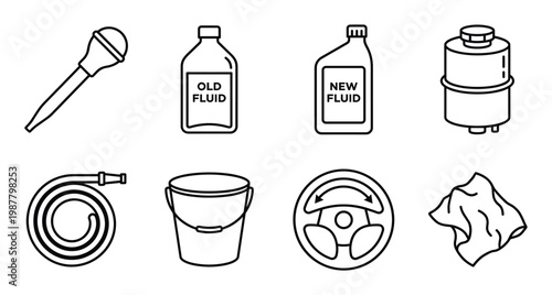 Car fluid change tools hose bucket steering wheel and rag for auto repair and upkeep