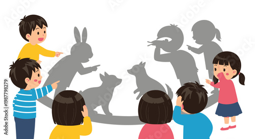 Children Playing Shadow Puppets with Animals and People on White Background