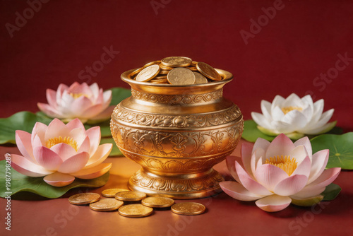 Golden pot and lotus flowers, Akshaya Tritiya prosperity concept, rich festive background
