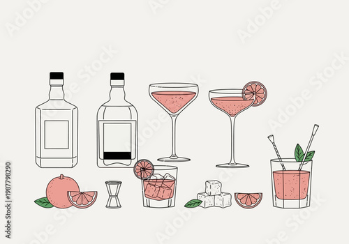 Minimalist Grapefruit Cocktail Illustration Set: Vector Line Art of Gin Bottles, Martini Glasses, Citrus Slices, and Ice for Bar Menu Design and Mixology Graphics.