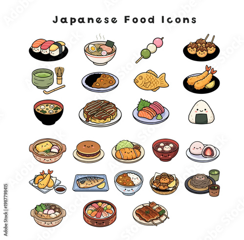 Cute kawaii Japanese food illustration set with smiling faces, colorful character style