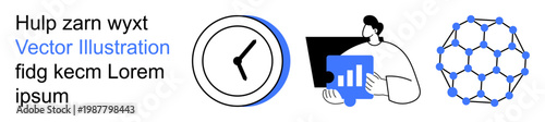 Data analysis, time tracking, technology usage, productivity tools, connectivity, and network systems. Clock, person with data chart and network diagram. Data analysis and time tracking concept