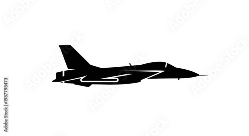 Silhouette of a modern fighter jet airplane in profile on a white background.