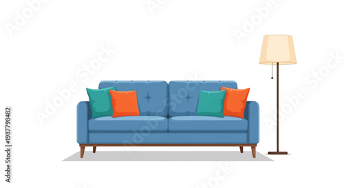 Vector illustration of a modern blue mid-century sofa with tufted backrest, four colorful cushions in orange and teal, and a floor lamp with a beige shade on a white background.