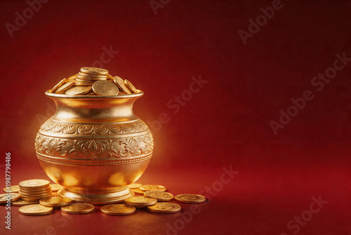  Gold coins and pot on red background, Indian festival wealth banner with copy space