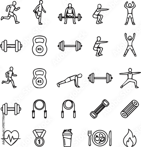 A modern and clean fitness line icon set featuring workout activities,gym equipment,and healthy lifestyle elements.perefct for mobile app,websites,UI/UX design,fitness branding & sport related project