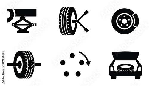 Car tire change and wheel service flat icons featuring jack stand brake disc and spare in trunk area